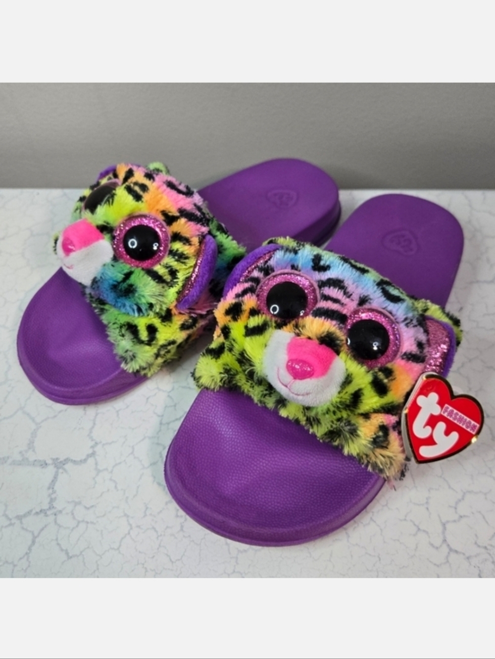 Ty Kids' Purple+ Dotty The Leopard Plush Slide Sandals, Size 1-3 ~ VGUC